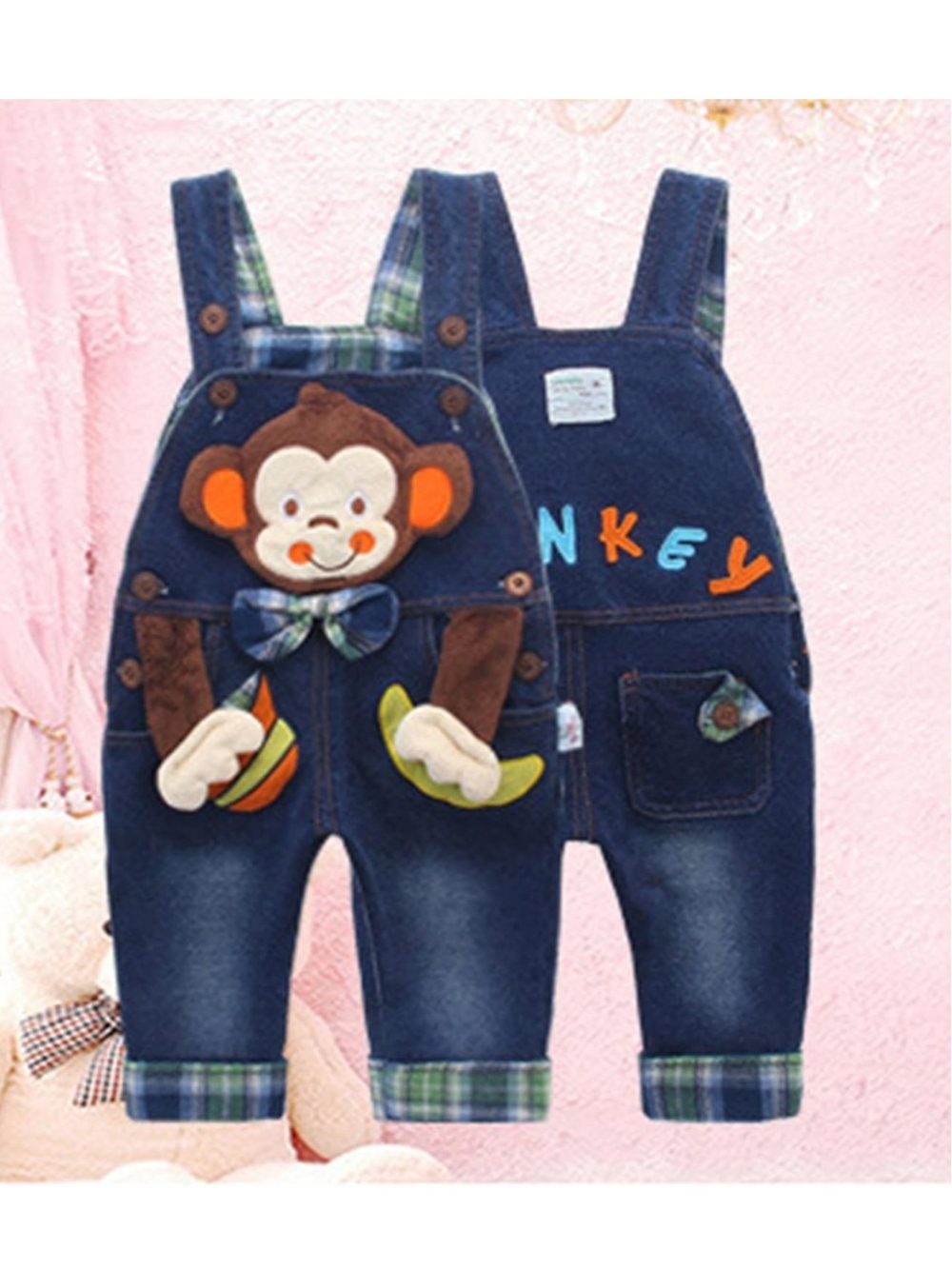 Navy Monkey Appliqué Kids Overalls